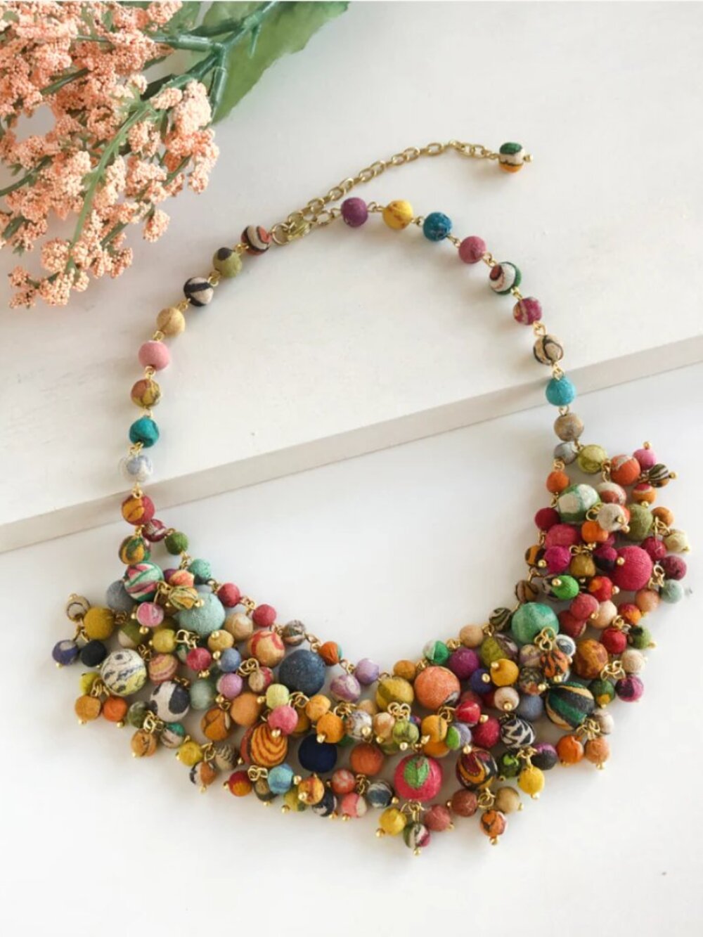 NWT WORLDFINDS Kantha Khalani Multicolor Fabric Bead Statement Necklace BOHO